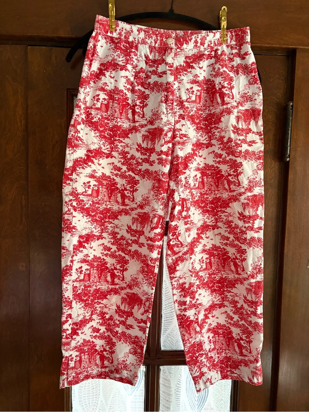 VTG Original TY Wear Red Toile 100% Cotton Capri Pants Slight Barrel Sz 8, Small